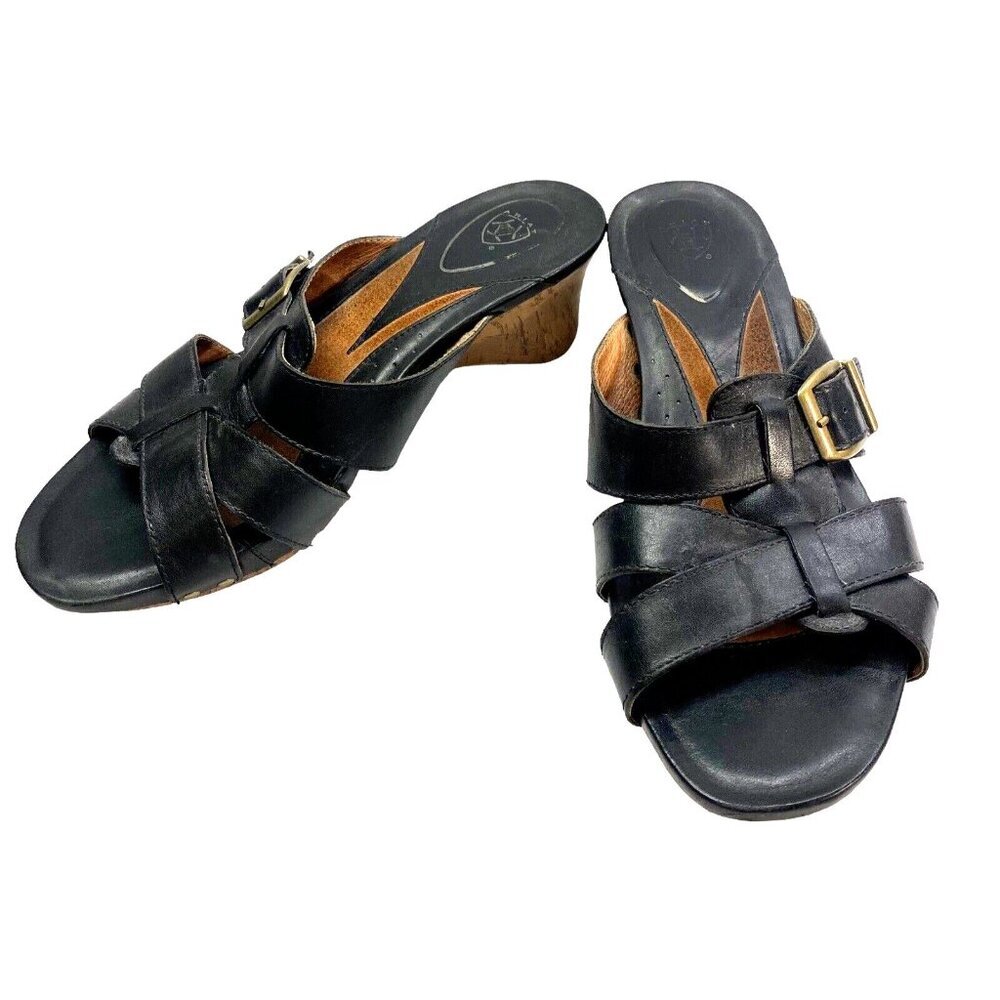 ARIAT Women Leather Open Toe Slip On Clogs Sandals Size 9.5 Black Casual Leisure